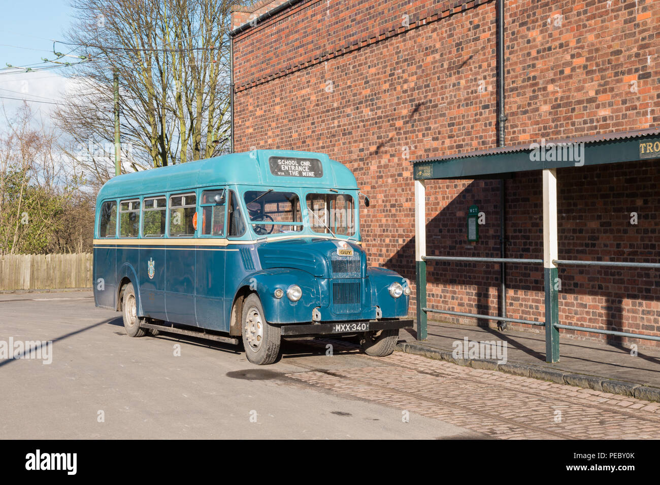old bus at bus stop, Black Country Living Museum UK Stock Photo