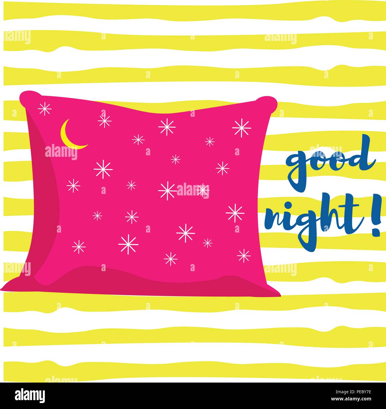 Pink pillow with stars and moon. Background of yellow stripes Stock