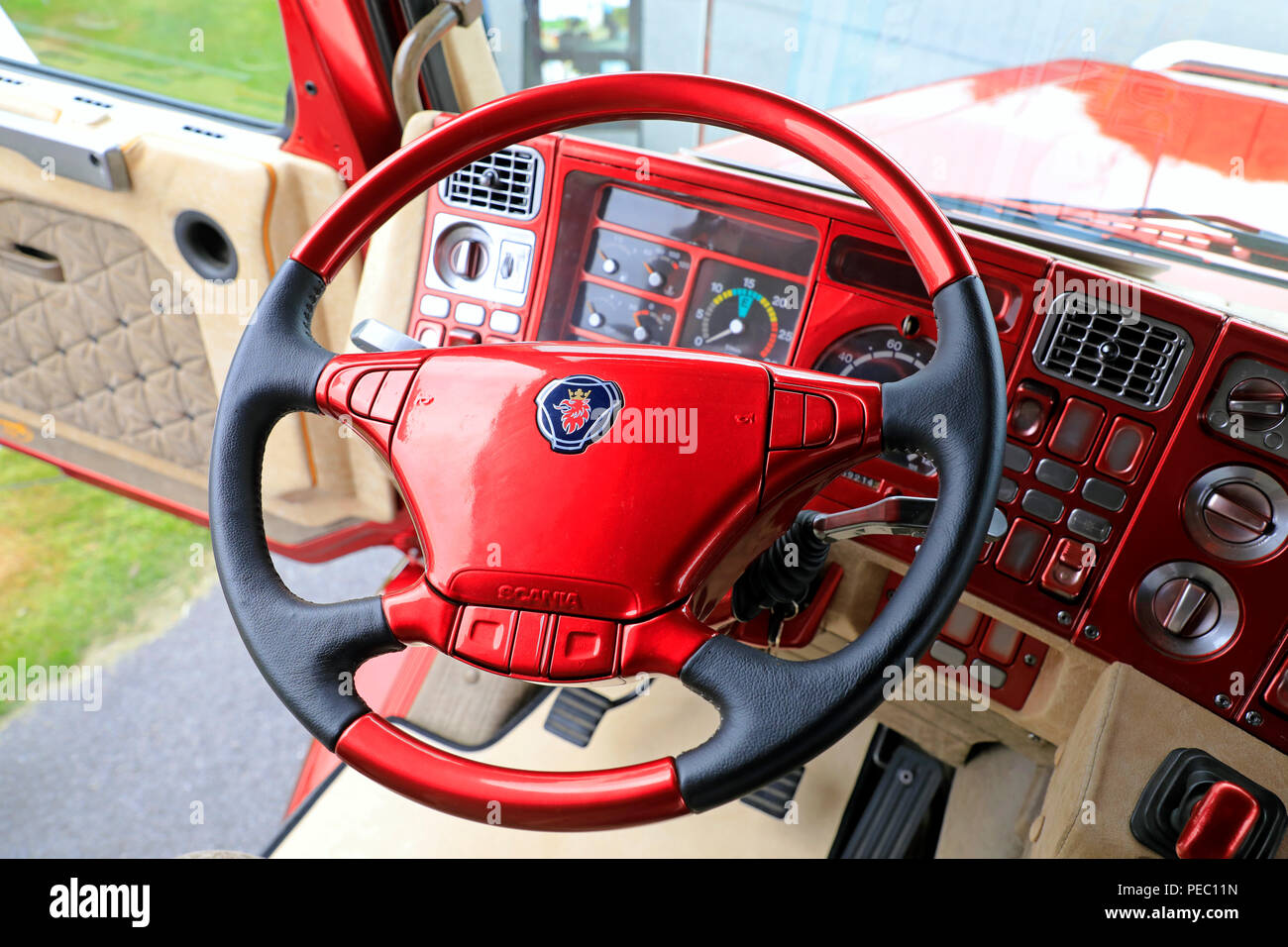 ALAHARMA, FINLAND - AUGUST 10, 2018: Scania 143H Streamline 2x V8 Engine truck Pouls Bremseservice A/S on Power Truck Show 2018, cab interior detail. Stock Photo