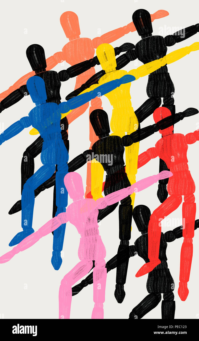 Olympic spirit. Concept of human diversity, solidarity, cooperation and healthy life. Emotional intelligence. Colourful illustration. Human figures. Stock Photo