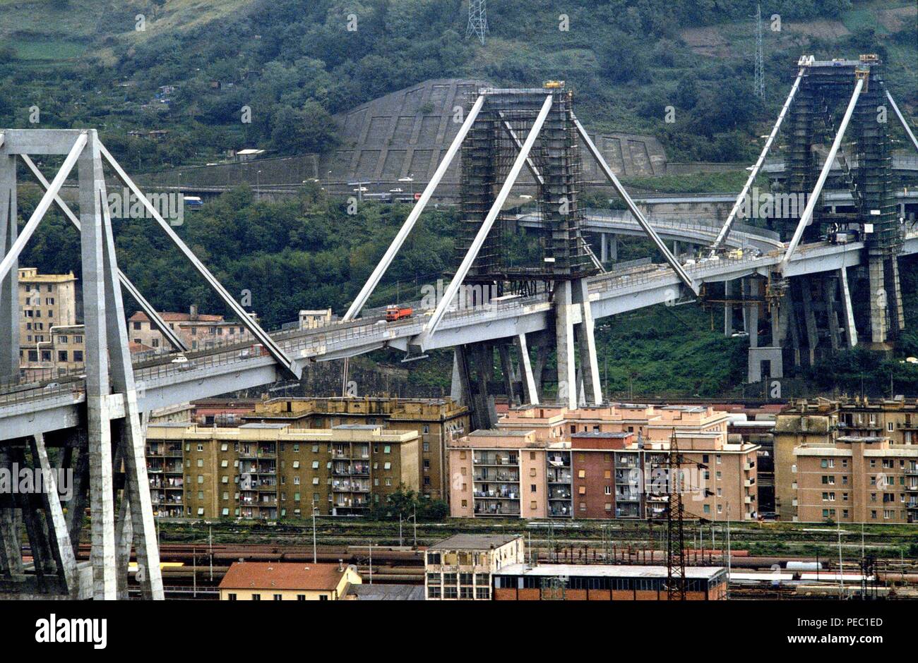 Genoa (Italy), archive photo of the viaduct of the A 10 motorway over Polcevera river called 'Ponte Morandi', which dramatically collapsed on 14 August 2018, causing dozens of deaths. Stock Photo