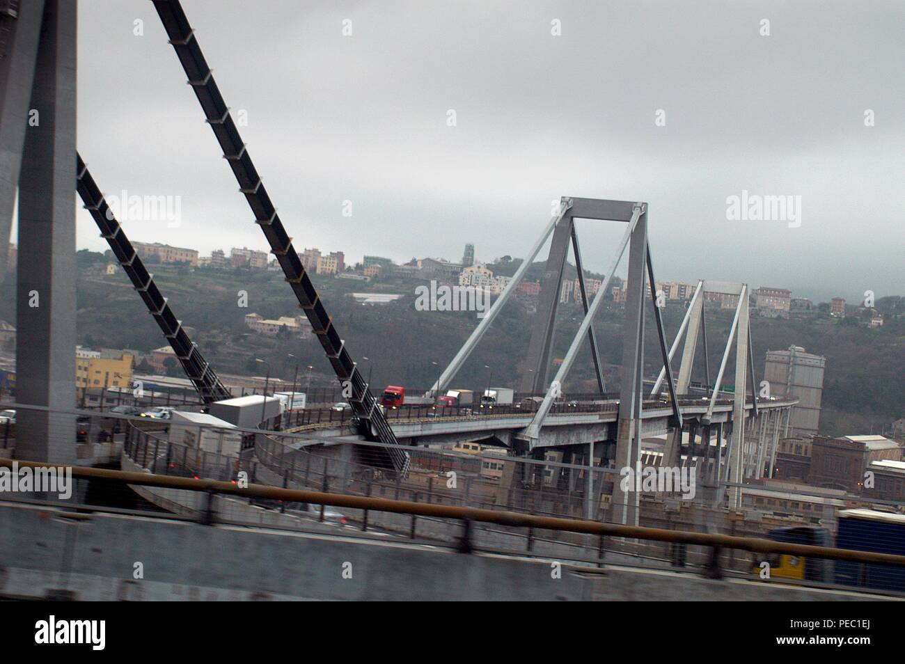 Genoa (Italy), archive photo of the viaduct of the A 10 motorway over Polcevera river called 'Ponte Morandi', which dramatically collapsed on 14 August 2018, causing dozens of deaths. Stock Photo