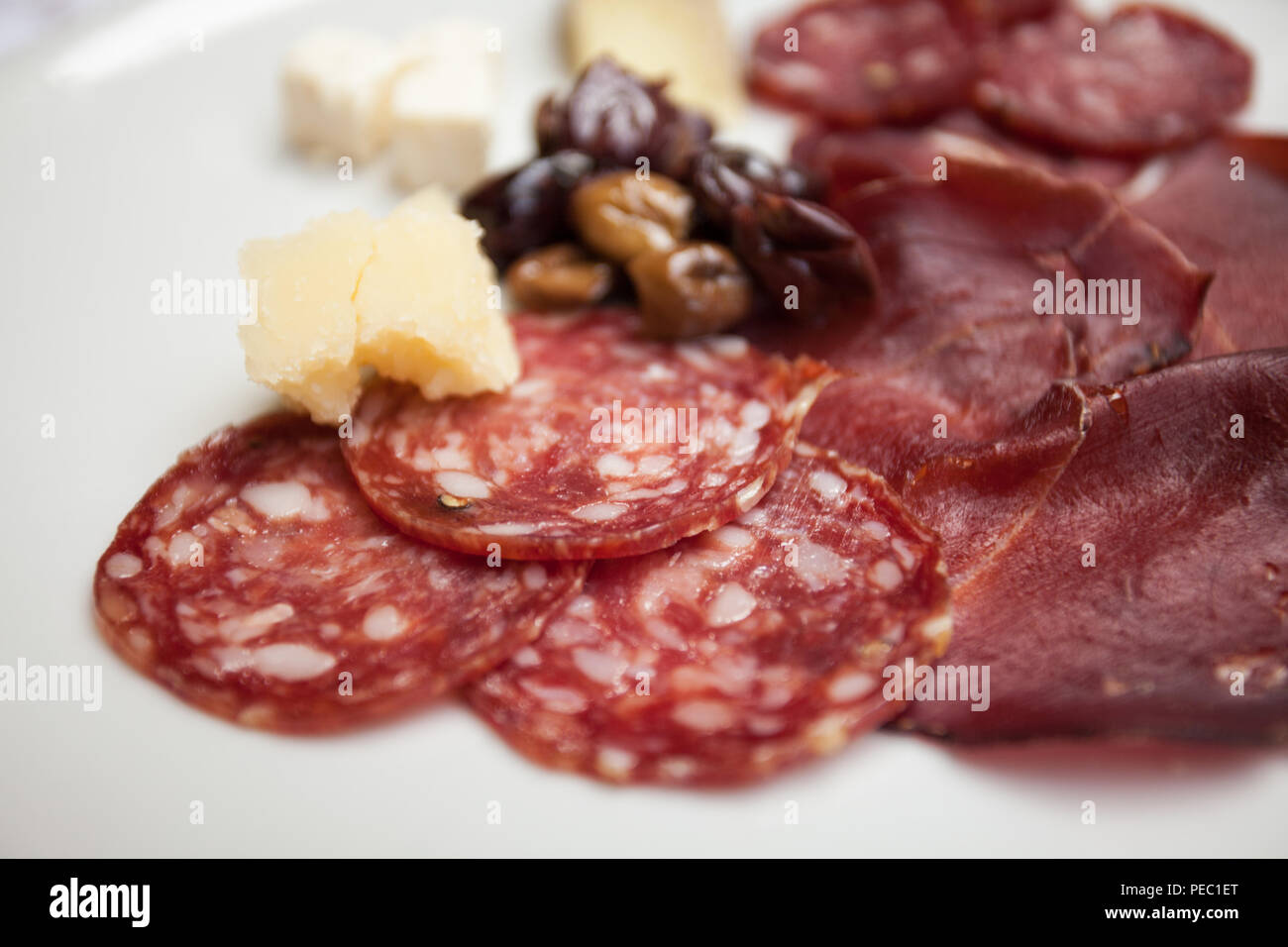 Italian appetizer in a wedding party:deer and wild boar salami, venison ham, seasoned Sardinian pecorino cheese, feta cheese and olives. Stock Photo