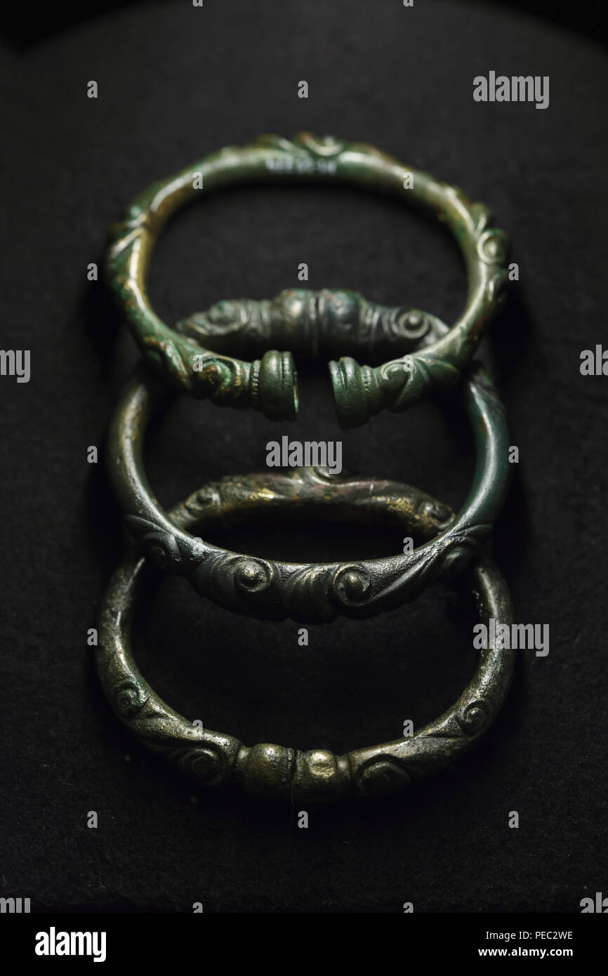Celtic bronze bracelets with relief decoration on display at the exhibition devoted to the Celts in the National Museum (Národní muzeum) in Prague, Czech Republic. The exhibition presenting the Iron Age artefacts of the La Tène culture runs till 24 February 2019. Stock Photo