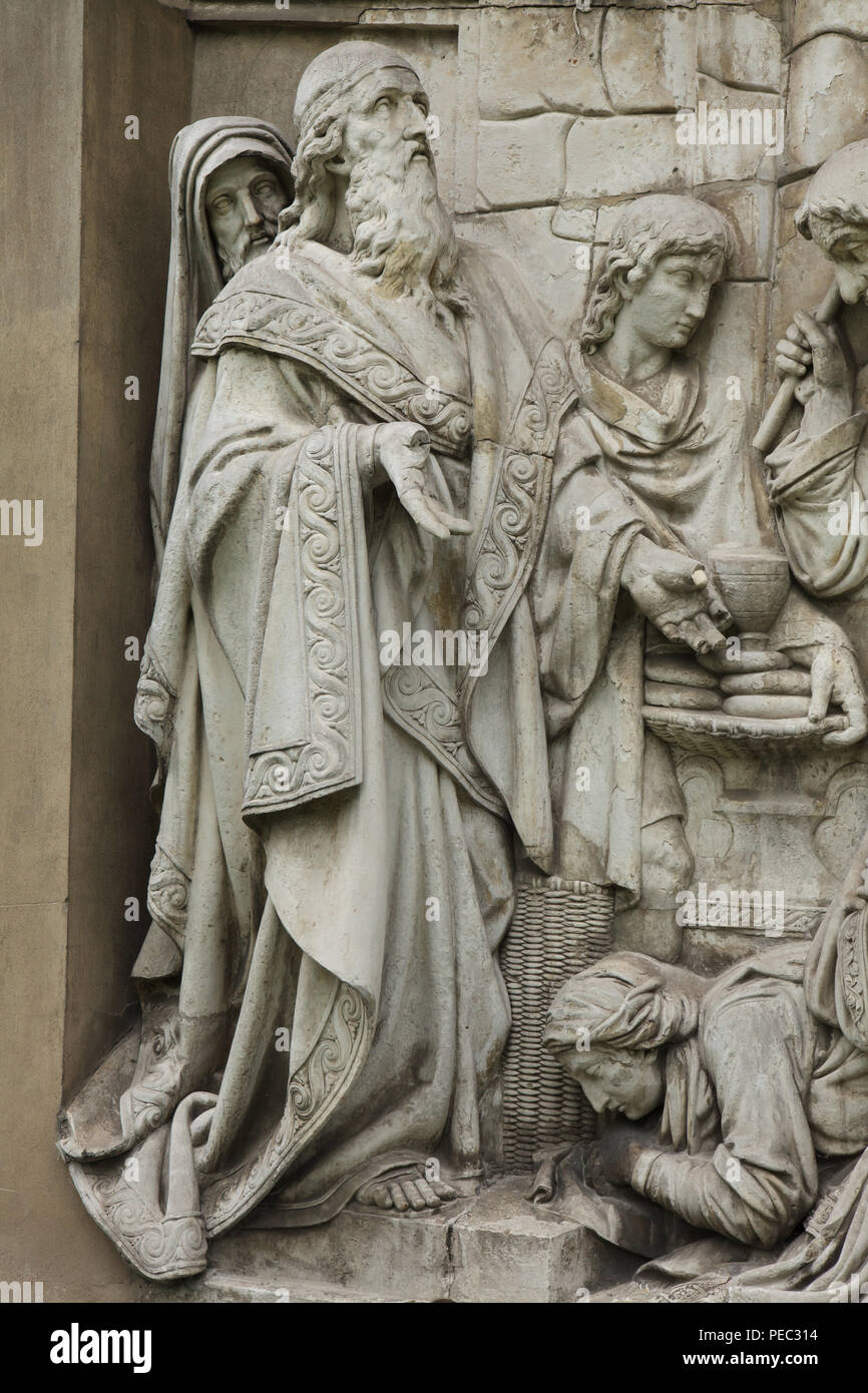 Melchizedek, the King of Salem, depicted in the detail of the original marble high relief 'Melchizedek meets Abraham after he defeated King Chedorlaomer of Elam in the Battle of Siddim' by Russian sculptor Alexander Loganovsky (1847-1849) from the Cathedral of Christ the Saviour, now on display in the Donskoy Monastery in Moscow, Russia. Stock Photo