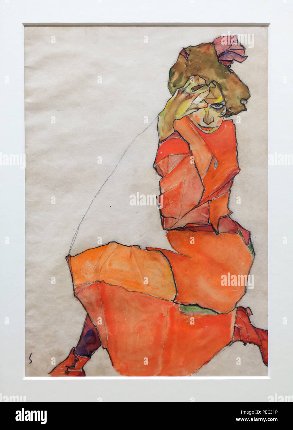 Egon Schiele Vienna Secession Canvas Wall Art Kneeling Female In Orange Dress 