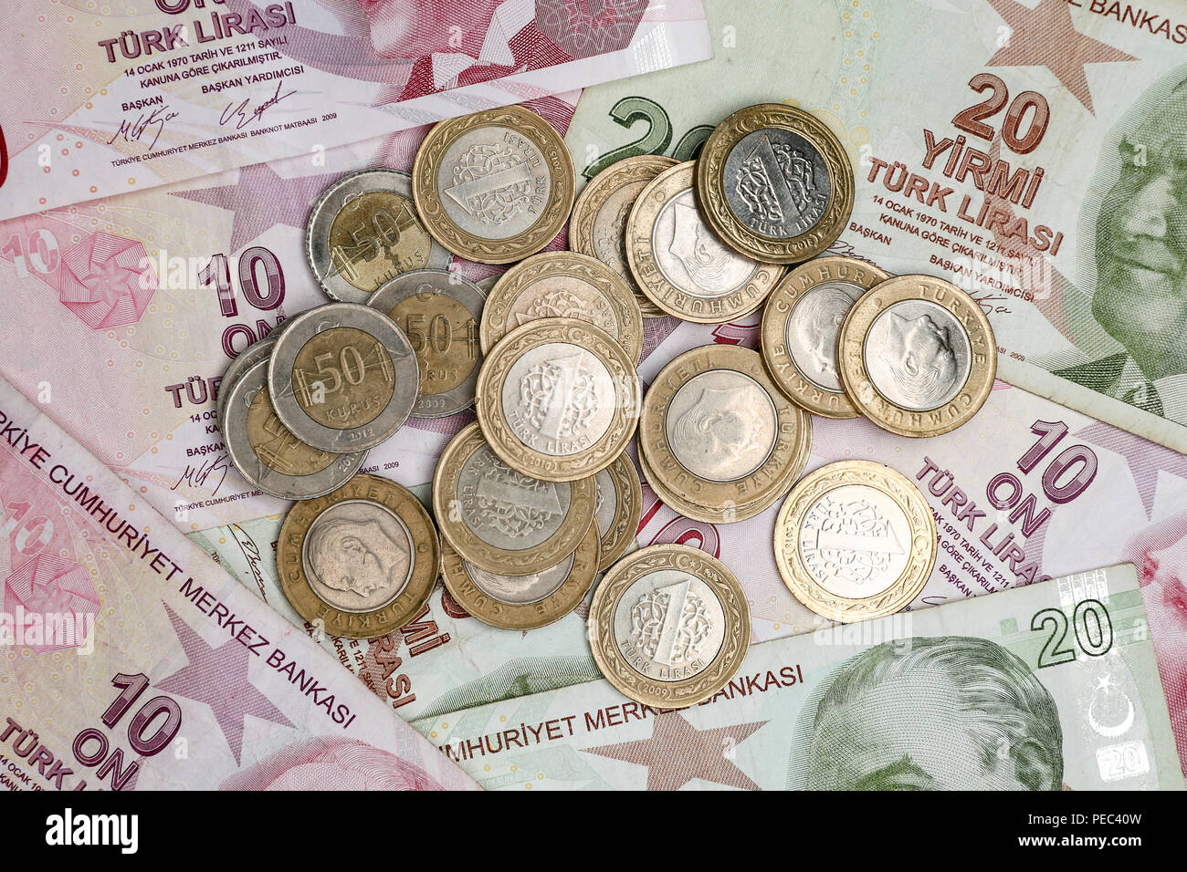 Various Turkish Lira Banknotes and Coins Bunch Stock Photo