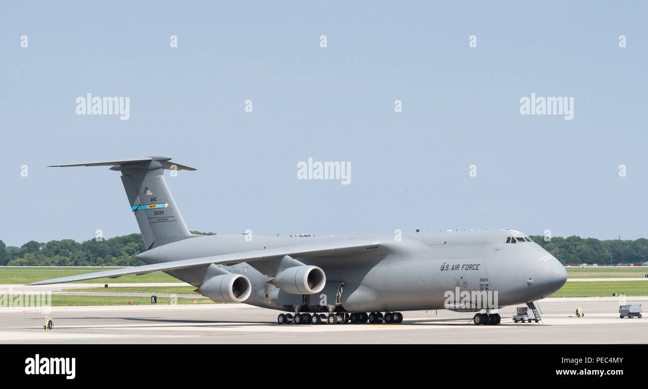 A C-5M Super Galaxy is parked on the flight line Aug. 10, 2018 at Dover Air Force Base, Del. Eighteen C-5Ms are assigned to Dover AFB. (U.S. Air Force photo by Roland Balik) Stock Photo