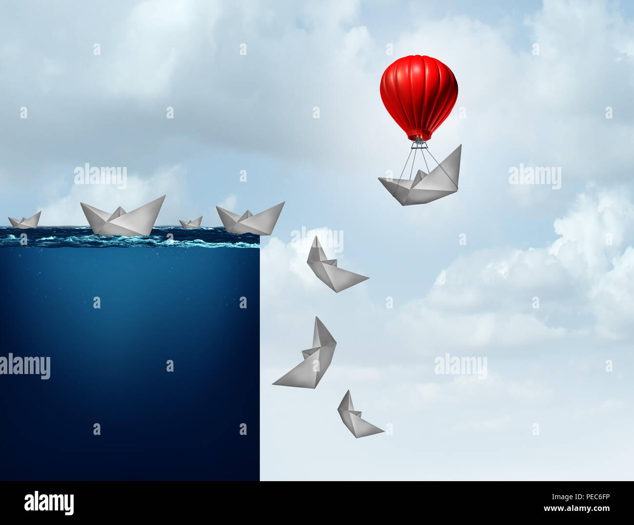 Business insurance plan and corporate liability protection concept as a paper boat lifted away from doom with 3D illustration elements. Stock Photo