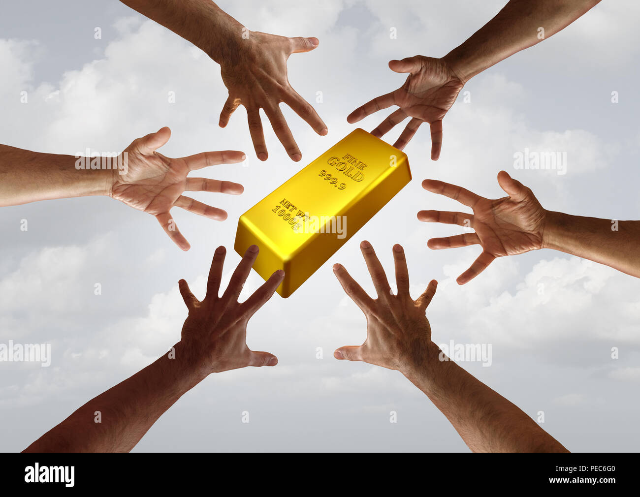 Gold demand and global commodity investment financial and business trade concept as diverse hands reaching for a golden bar. Stock Photo