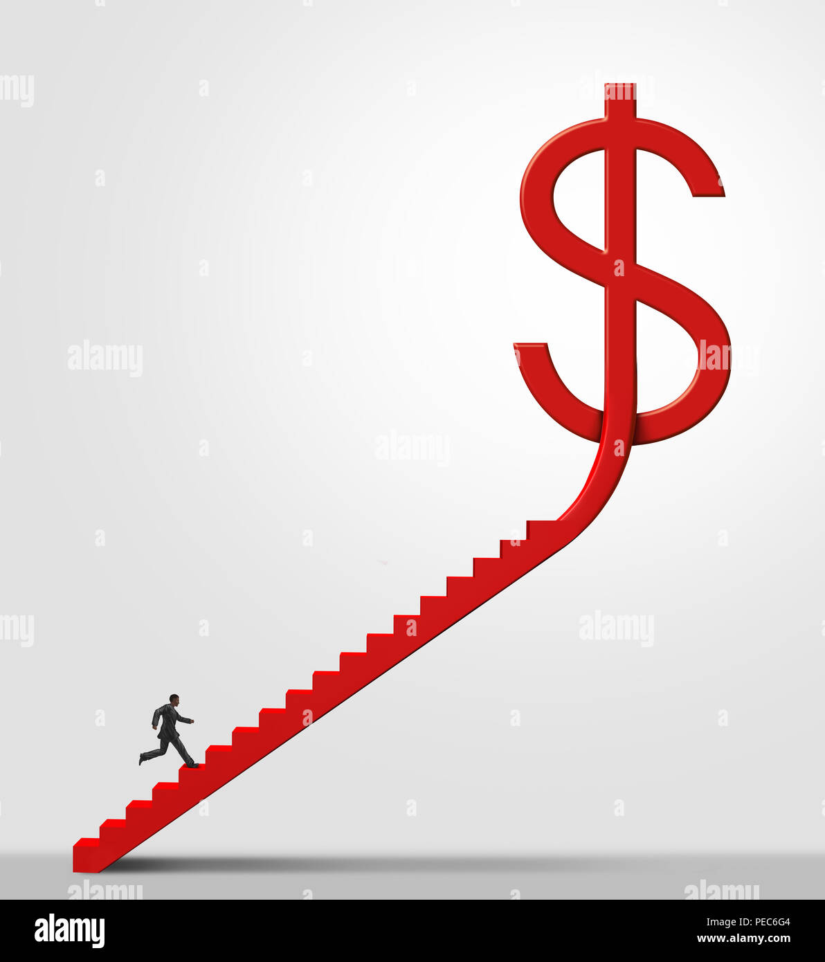 Money opportunity and a financial advisor or investor reaching wealth goals as a businessman climbing stairs towards a dollar sign. Stock Photo