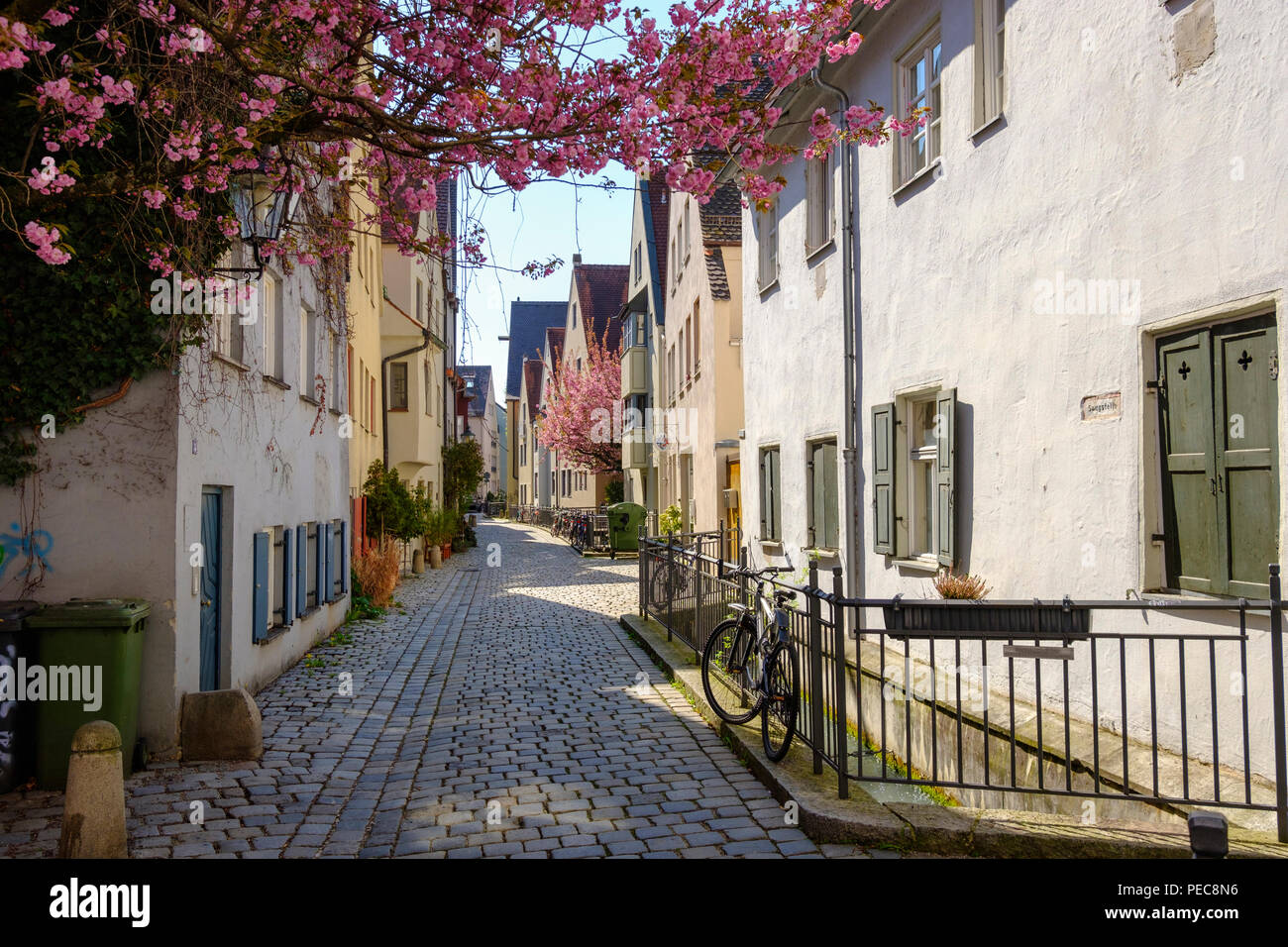 Small alley with cobblestone, Lechviertel, Augsburg, Swabia, Bavaria, Germany Stock Photo