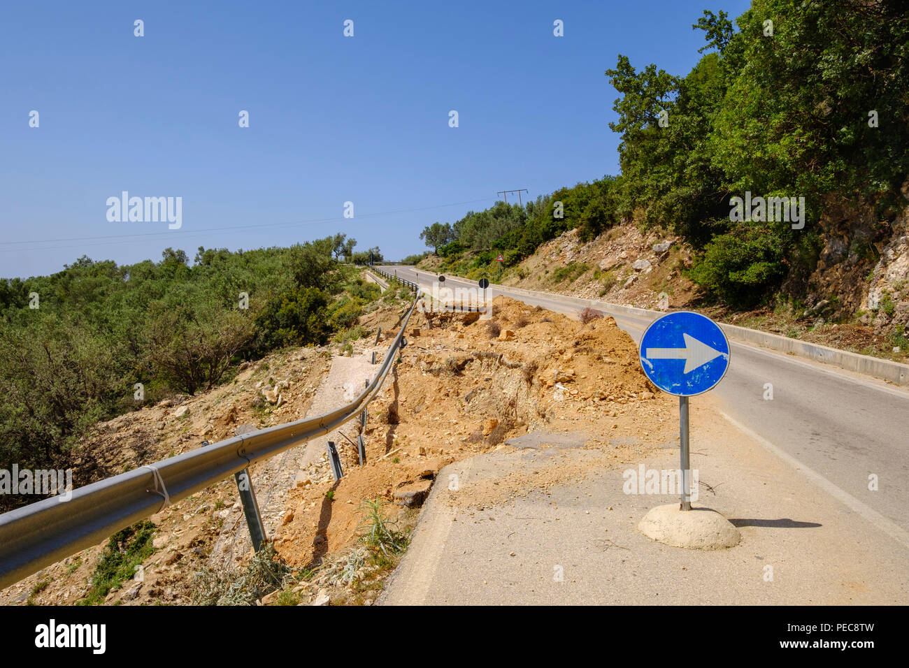 Road damage on highway SH8, Lukova, Qark Vlora, Albania Stock Photo