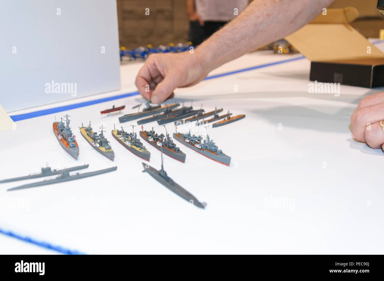 Craftsman and hobbyist displays his model ships at the 2018 Modeling Convention in Phoenix Convention Center in Phoenix, Arizona. Stock Photo