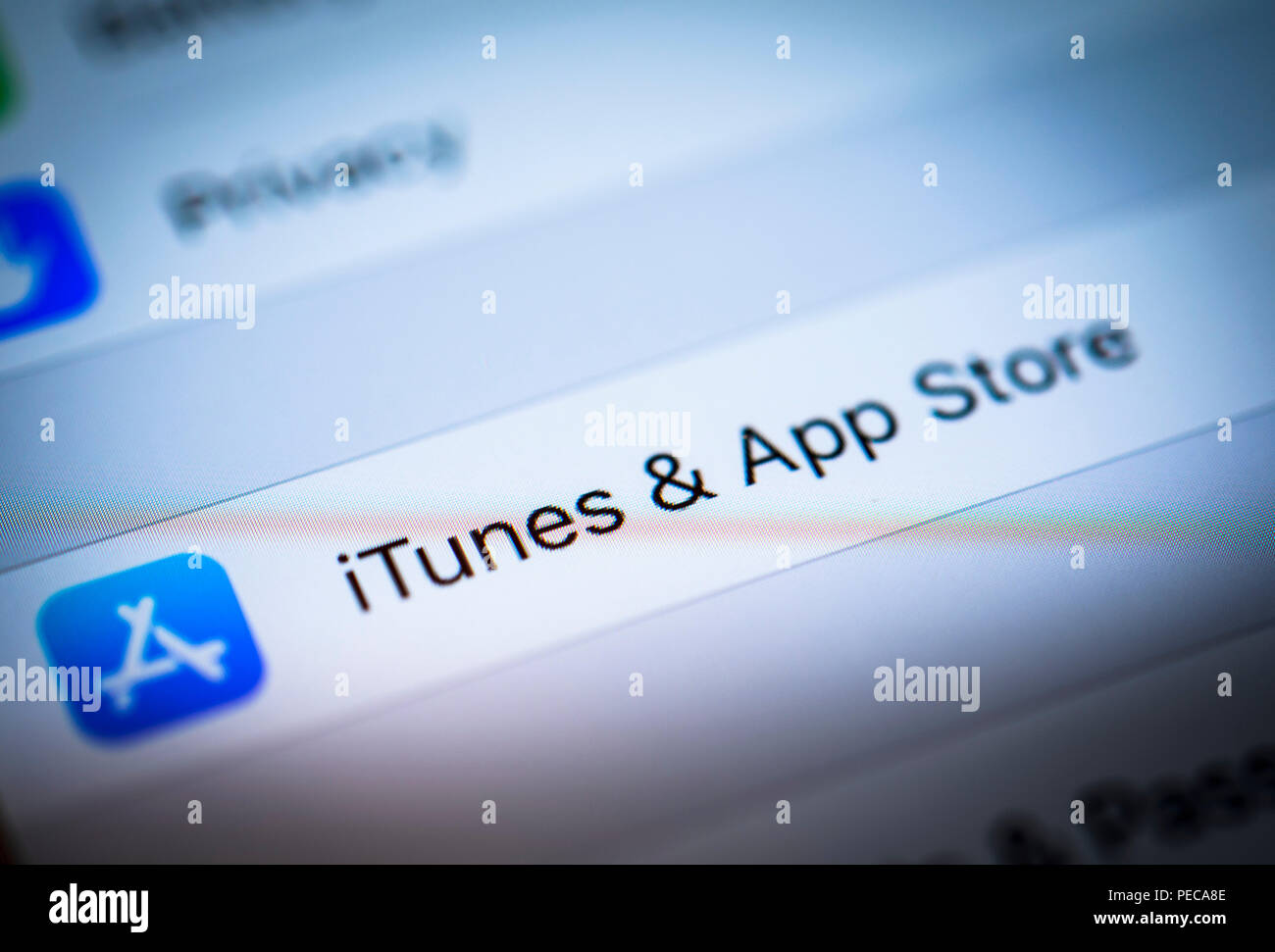ITunes and App Store Settings displayed on an iPhone, iOS, smartphone, display, close-up, detail, Germany Stock Photo