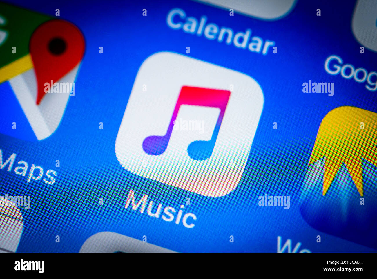 Apple Music, music streaming, app icon on iPhone, iOS, smartphone screen, display, close-up, detail, Germany Stock Photo