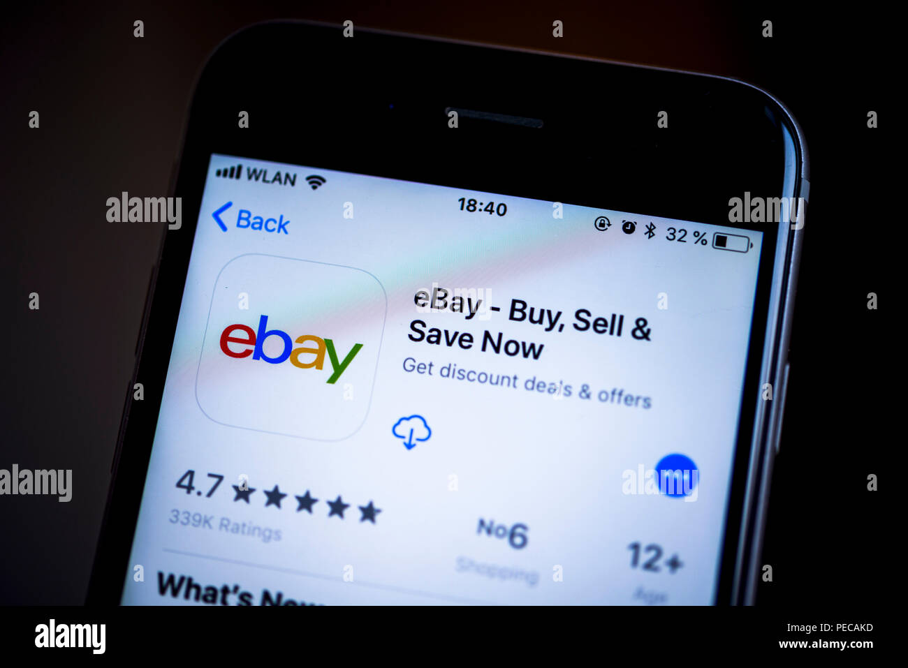 EBay app in the Apple App Store, app icon, display, iPhone, iOS, smartphone, display, screenshot, close-up, detail, full size Stock Photo