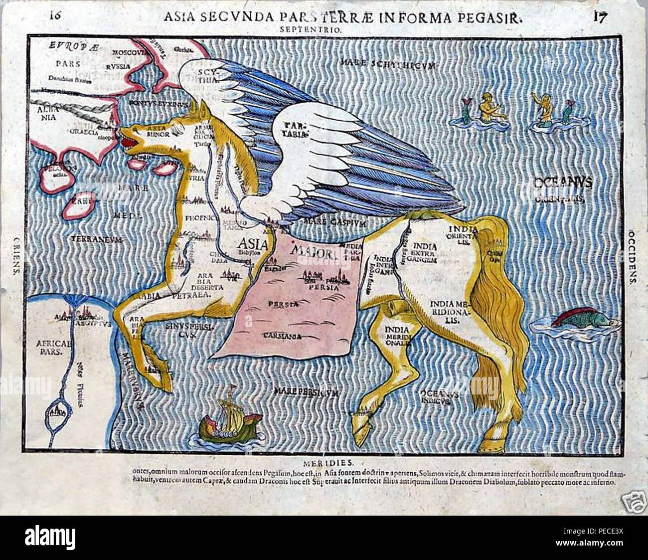 Asia depicted in the form of Pegasus (with modern hand coloring) by  Heinrich Bünting, c.1590 Stock Photo - Alamy