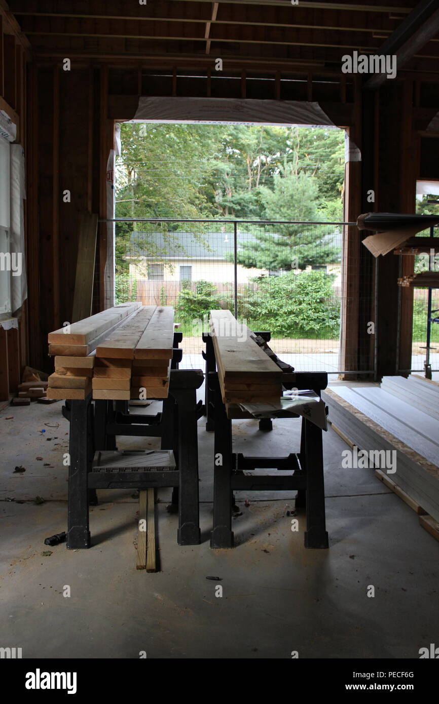 Interior of a residential house under construction in the middle of the
