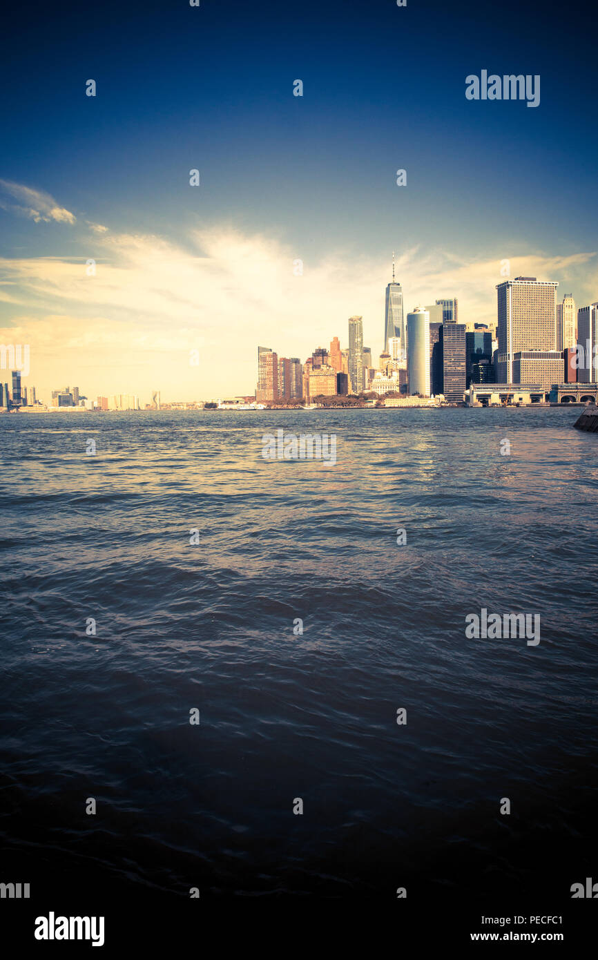 New York City skyline at downtown Manhattan Financial District with water Stock Photo
