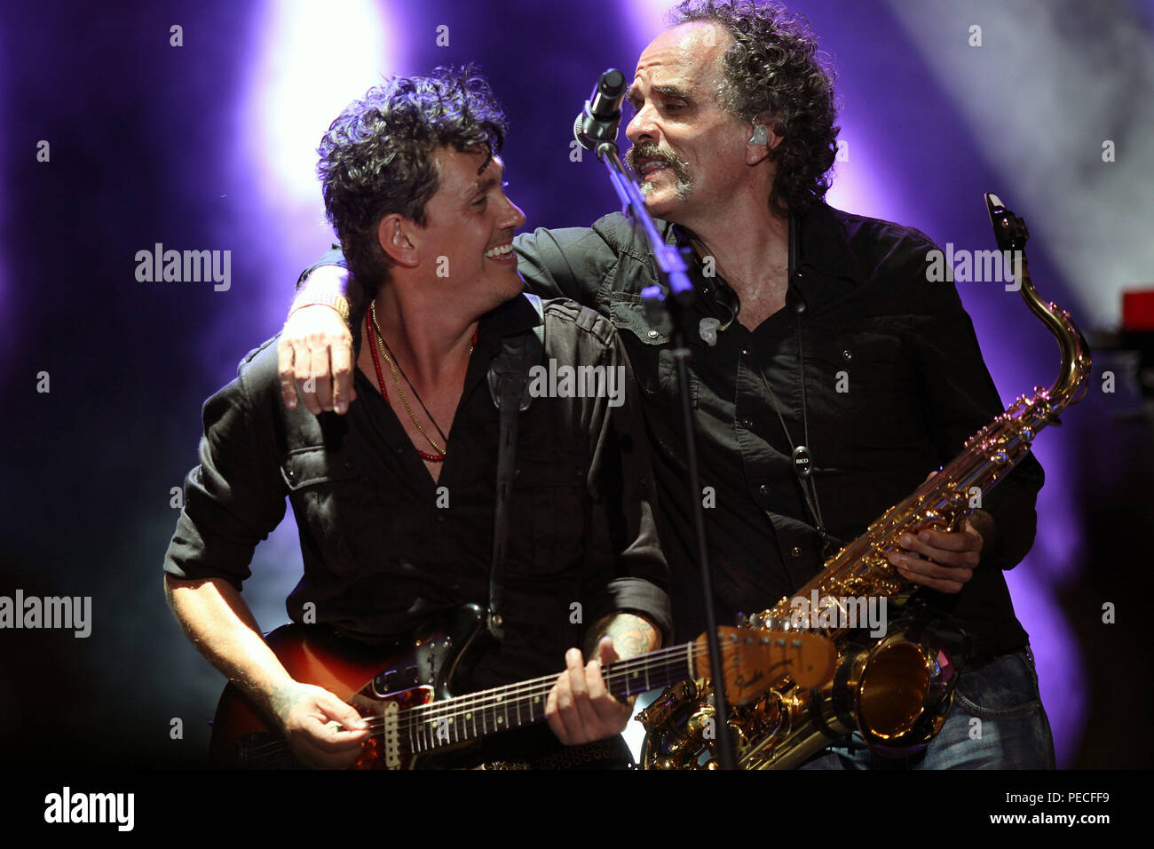 The Mexican rock band Caifanes, with Saul Hernadez and Sabo Romo on the night of their concert in Hermosillo Sonora. Rock in Spanish. Stock Photo