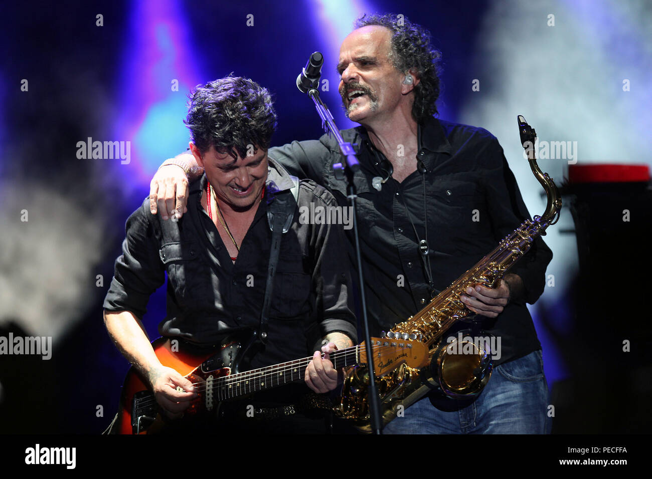 The Mexican rock band Caifanes, with Saul Hernadez and Sabo Romo on the night of their concert in Hermosillo Sonora. Rock in Spanish. Stock Photo