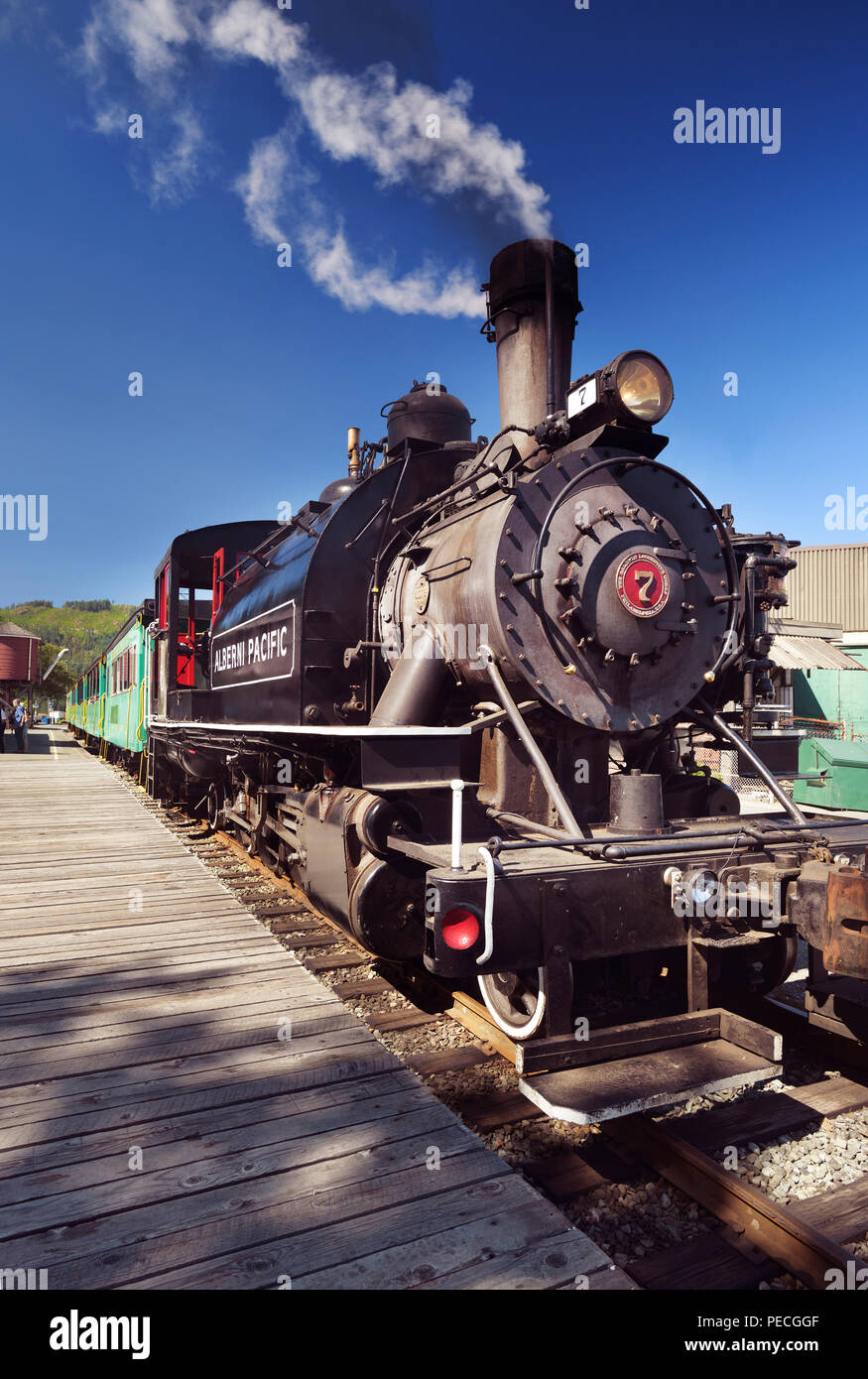 Alberni Pacific Railway historic steam locomotive at Port Alberni train station, Alberni Valley, Vancouver Island, BC, Canada 2018 Stock Photo