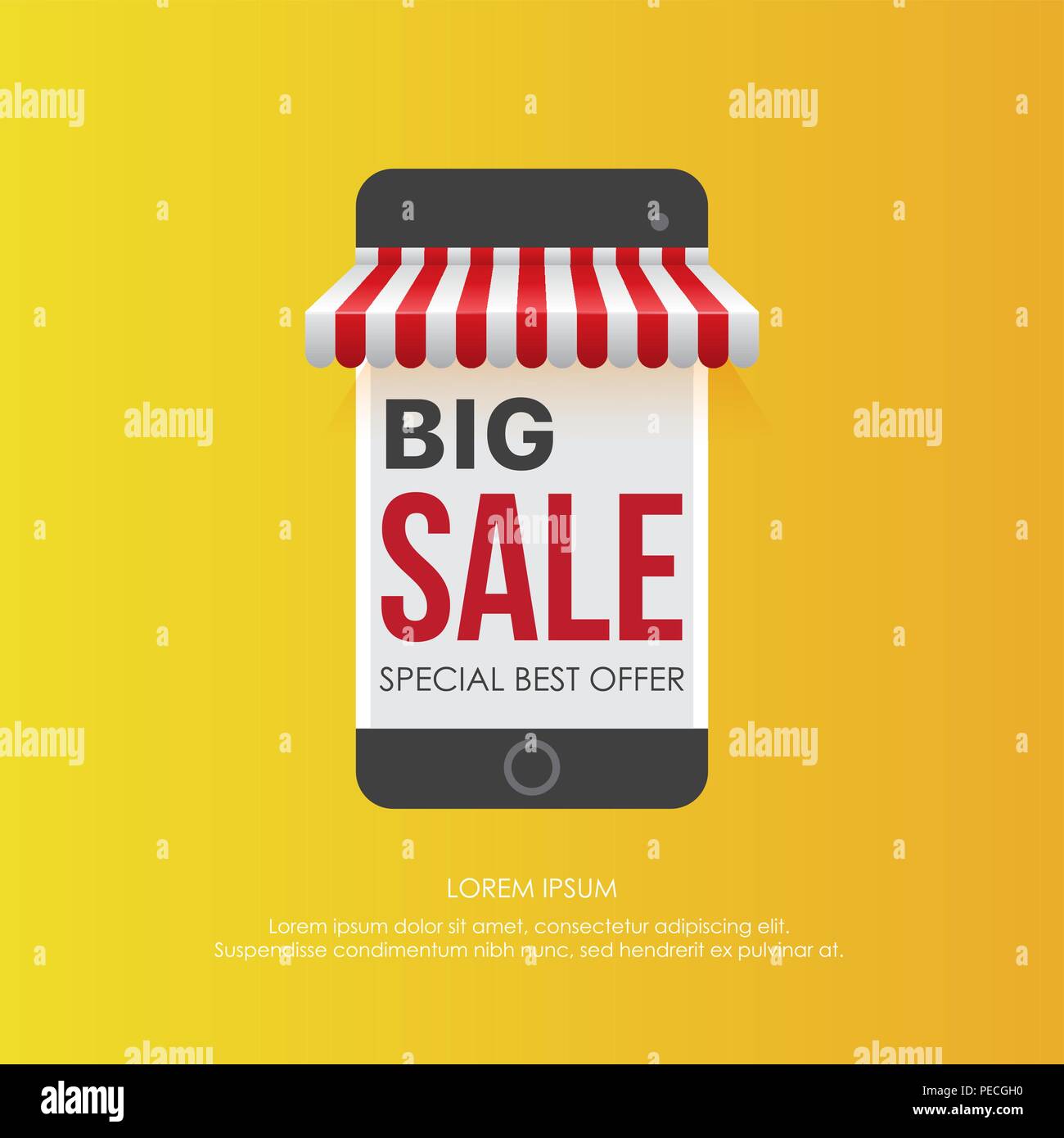 Colorful display of graphic smartphone showing big sale offer on vibrant yellow background Stock Vector