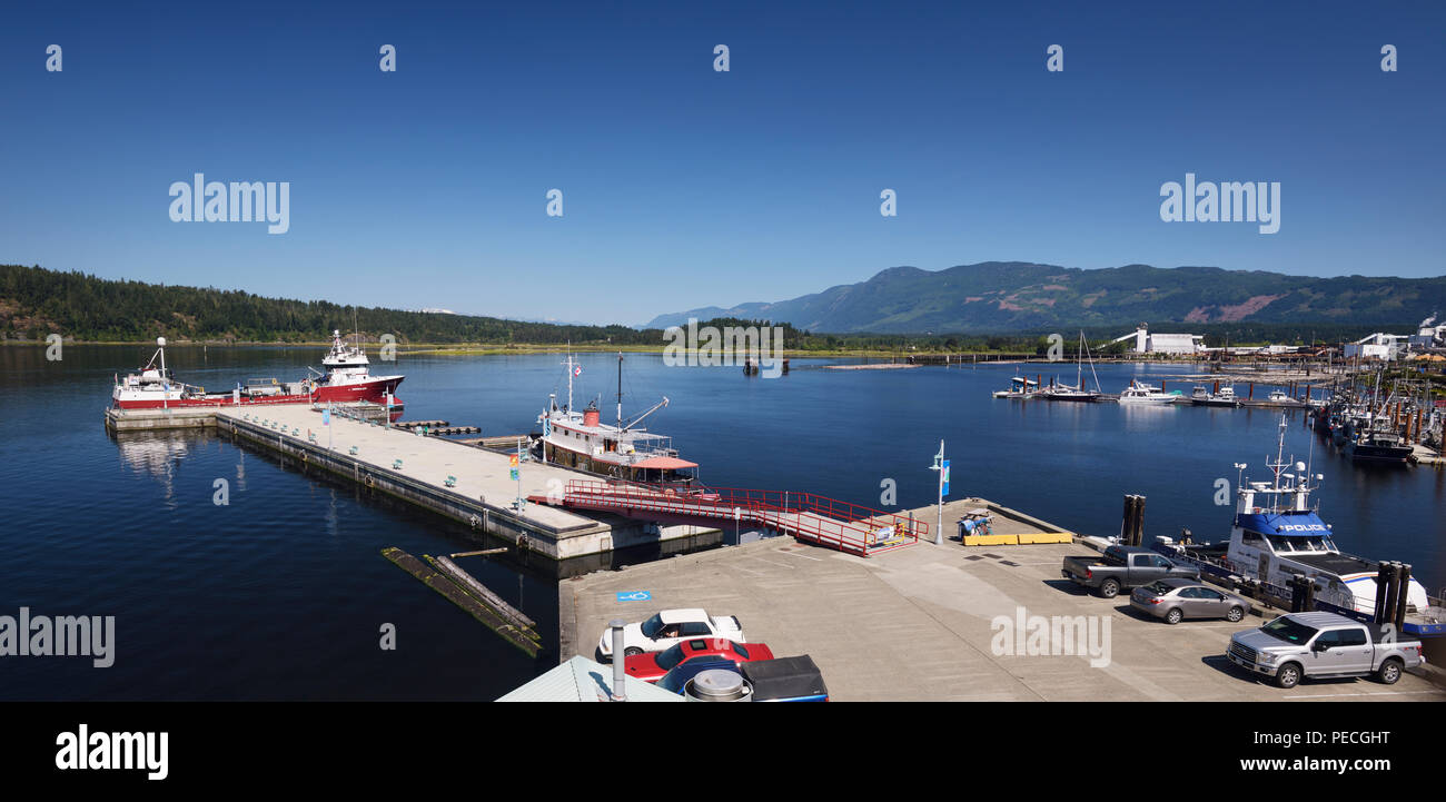 Port Alberni panoramic view of Alberni Inlet with docked ships, Alberni