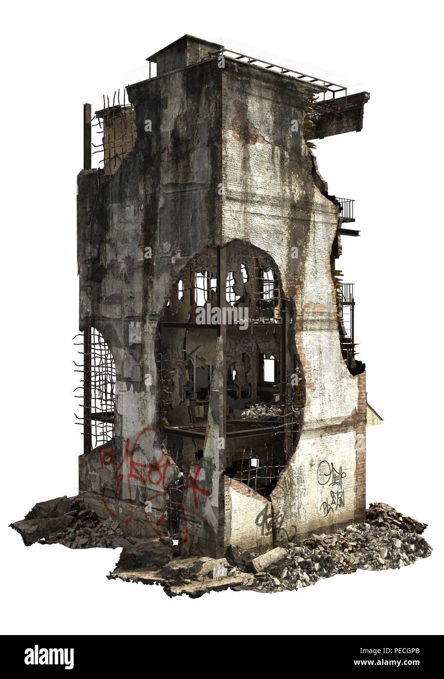 3D illustration ruined building isolated on white Stock Photo - Alamy
