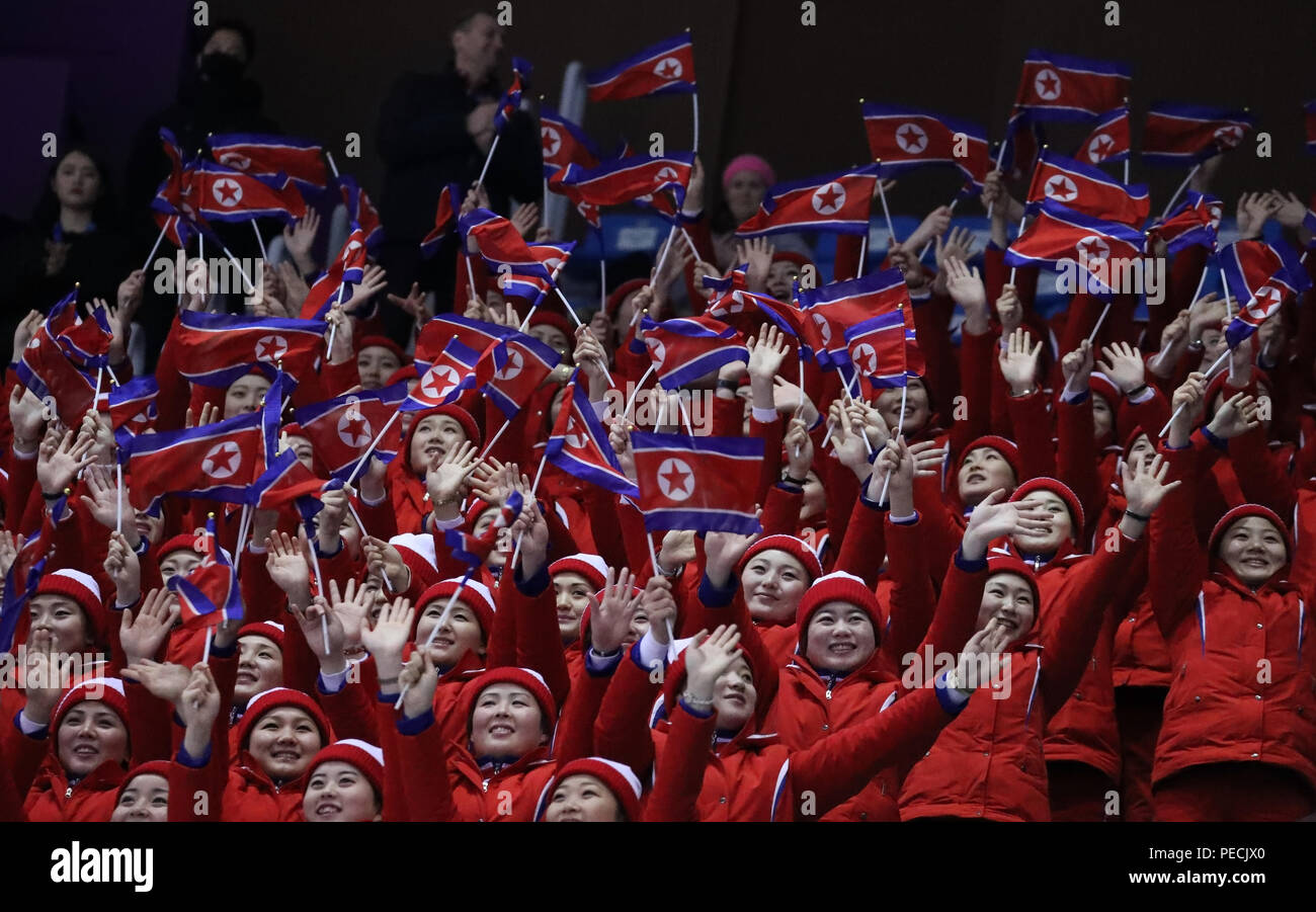 North Korea's cheering squad perform during Pair Skating Free Skating in Gangneung Ice Arena at the 2018 Winter Olympics Stock Photo