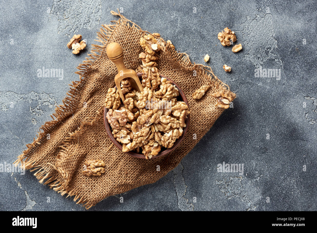 Walnut kernels wooden scoop on gray background with copy space. Nuts in