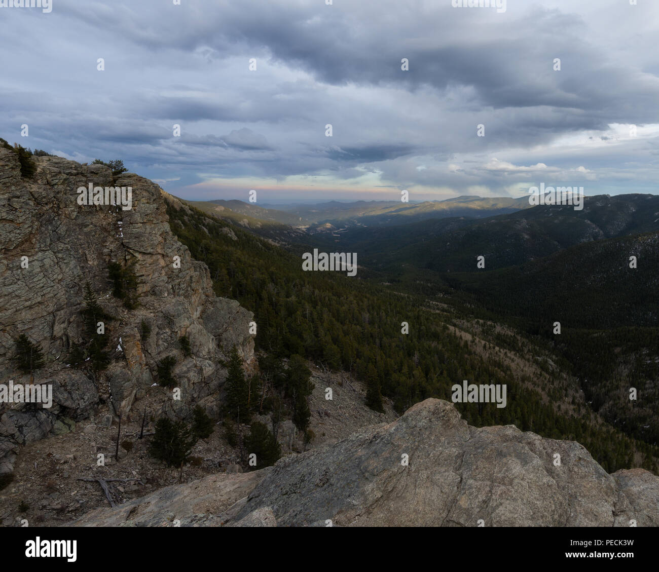 From near Echo Lake, this valley leads down to Evergreen, Colorado. Stock Photo