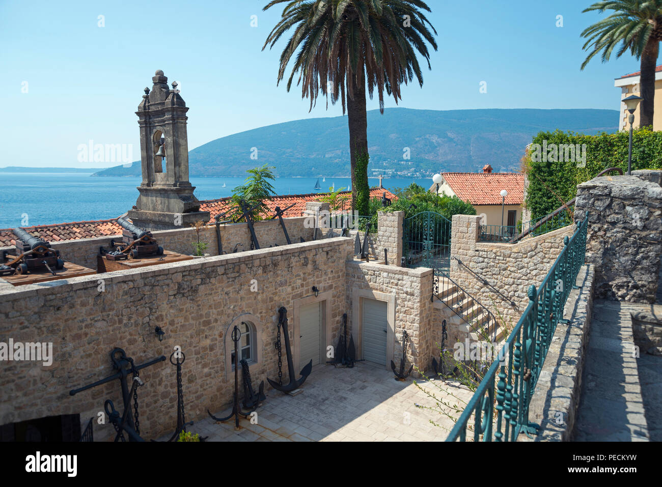 bell tower of Leopold Mandic church and museum, old town, Herceg Novi, Bay of Kotor, Montenegro Stock Photo