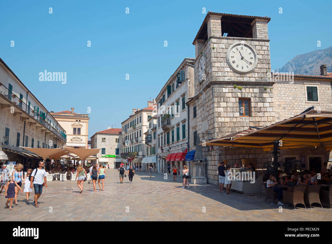 Clock tower at place Od Oruzja, old town, Kotor, Bay of Kotor, Montenegro Stock Photo