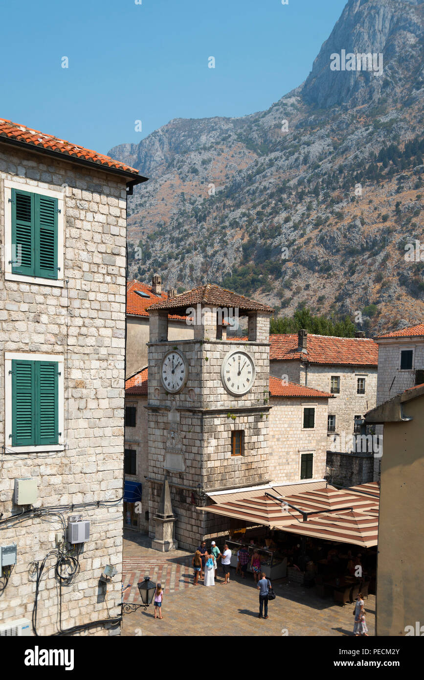 Clock tower at place Od Oruzja, old town, Kotor, Bay of Kotor, Montenegro Stock Photo