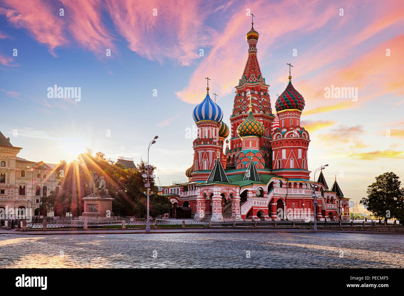 Moscow, Russia - Red square view of St. Basil's Cathedral at sunrise, nobody Stock Photo