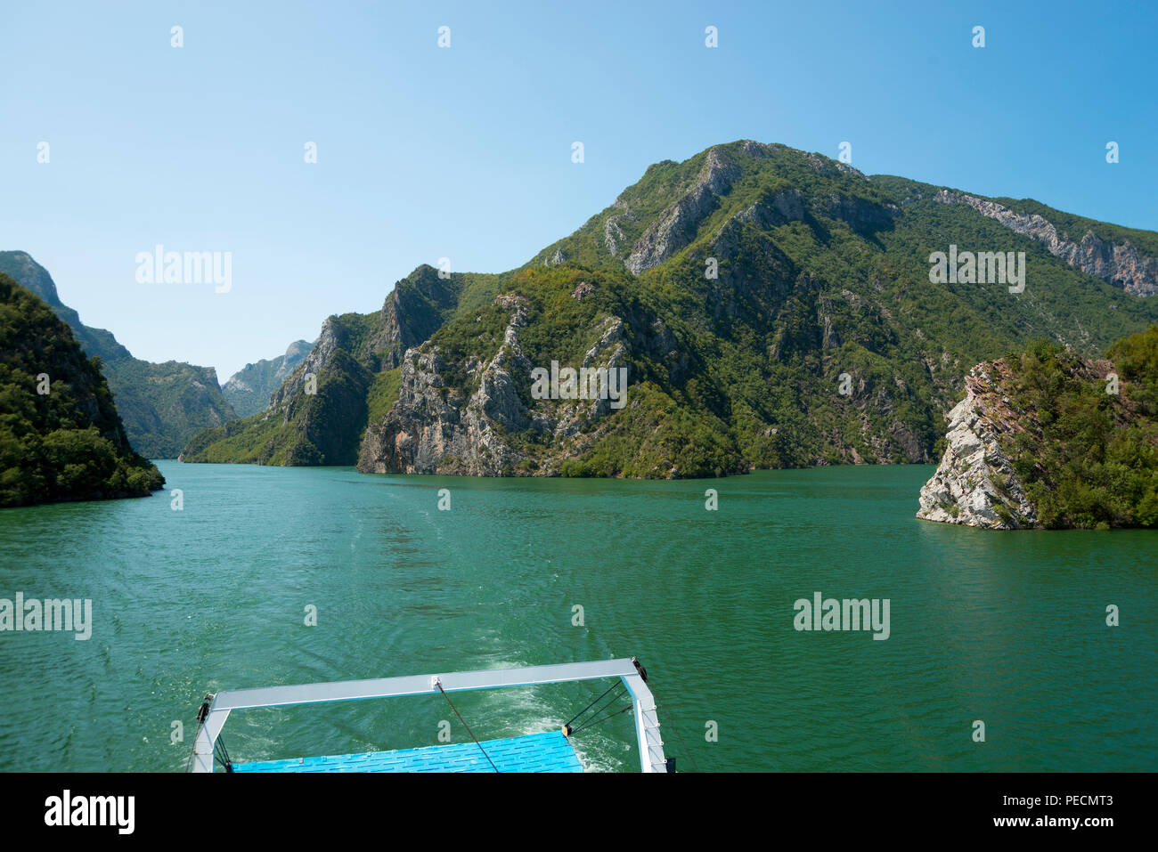 Ferry Alpin, Koman, Komani lake, river Drin, Albania Stock Photo