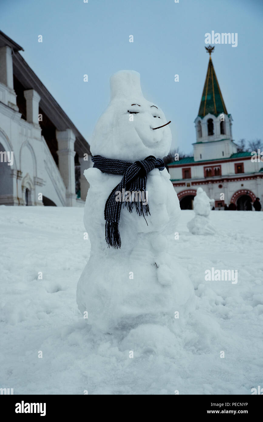 Funny Snowman. Winter. Snow. Museum Kolomenskoye. Moscow. Russia. Stock Photo