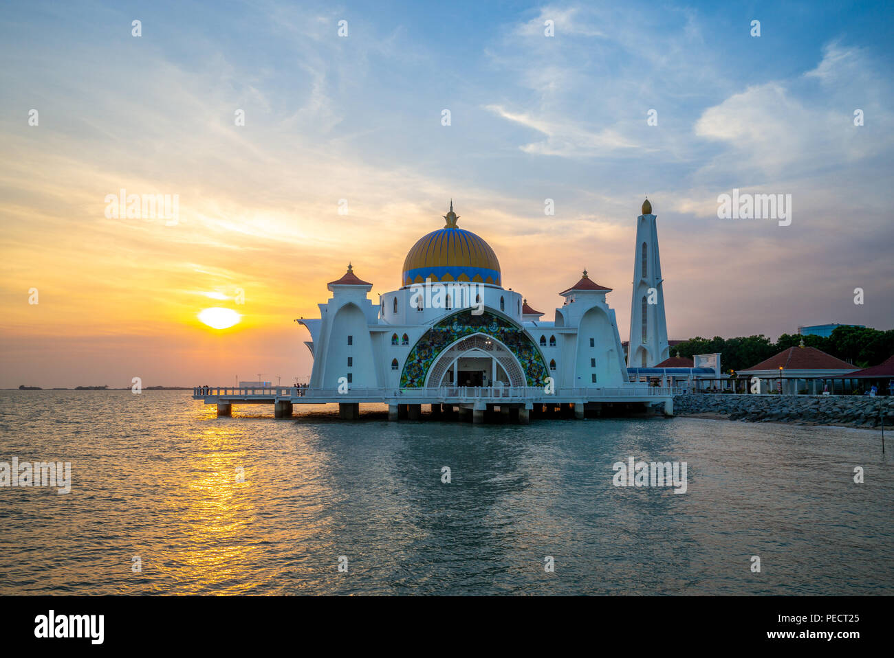 masjid selat melaka in malacca,  malaysia at dusk Stock Photo