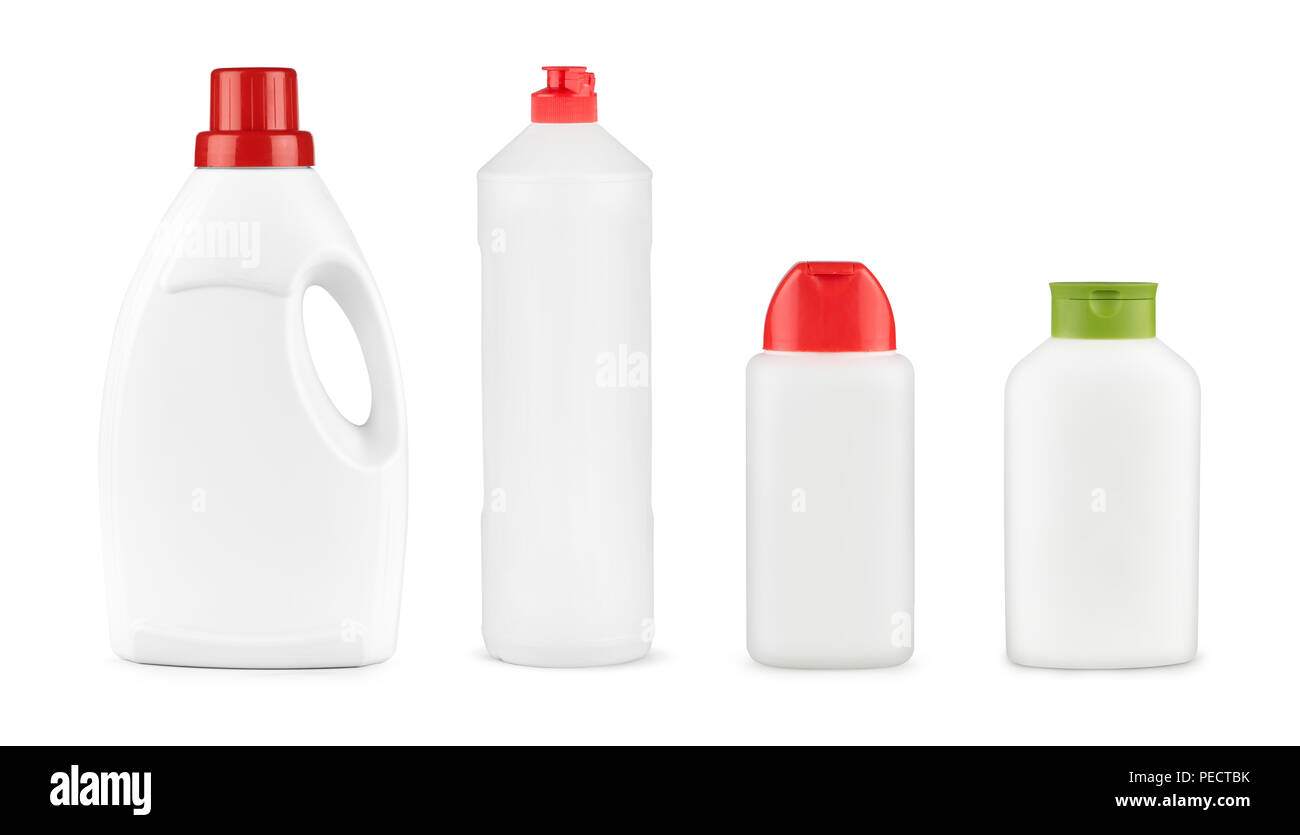 Set of white plastic bottles for shampoo or liquid laundry detergent, cleaning agent, bleach or fabric softener. Package mockup isolated with clipping path. Stock Photo