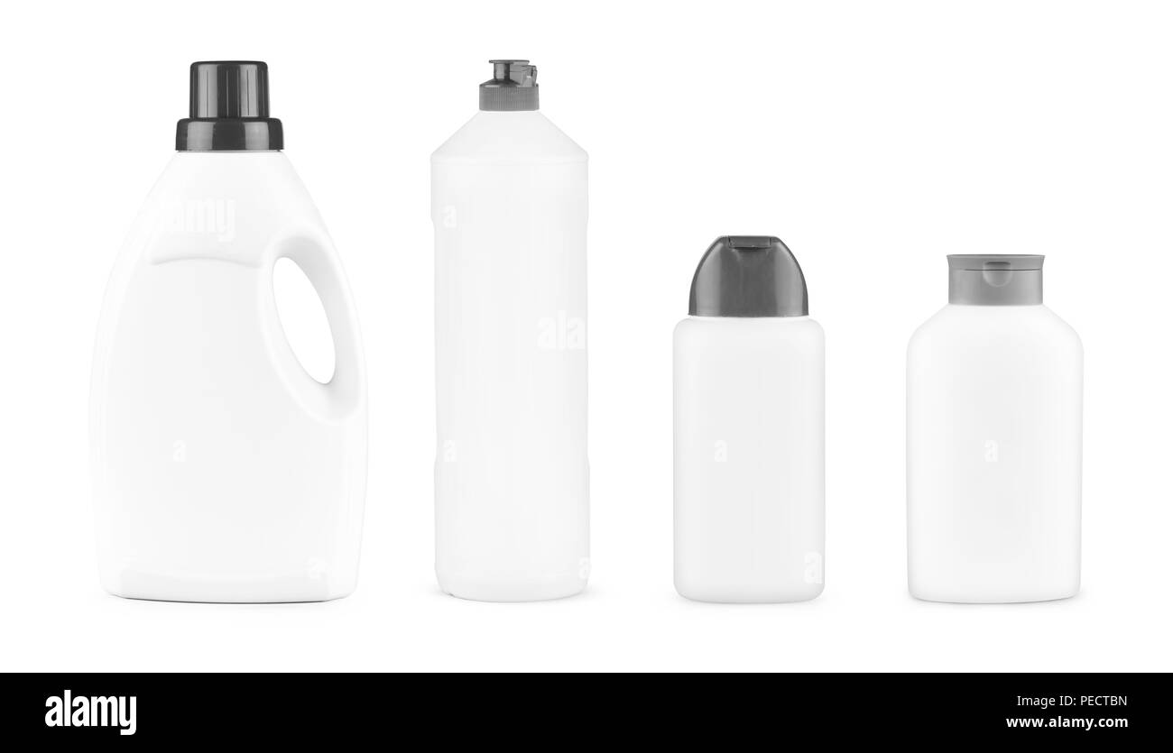 Set of white plastic bottles for shampoo or liquid laundry detergent, cleaning agent, bleach or fabric softener. Package mockup isolated with clipping path. Stock Photo