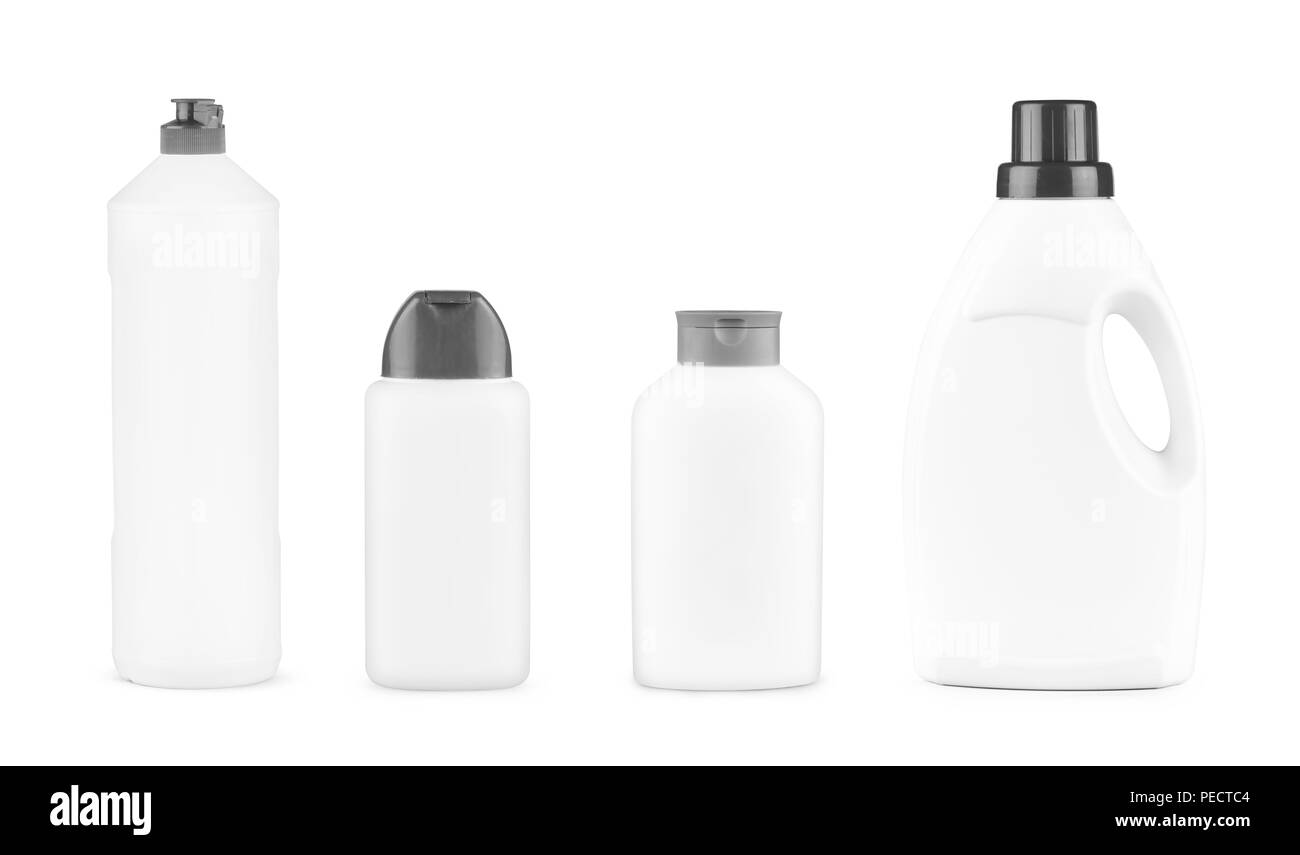 Set of white plastic bottles for shampoo or liquid laundry detergent, cleaning agent, bleach or fabric softener. Package mockup isolated with clipping path. Stock Photo