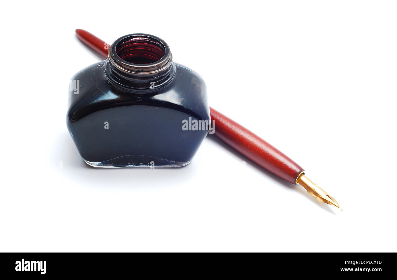 quill pen and ink bottle isolated on white Stock Photo Alamy