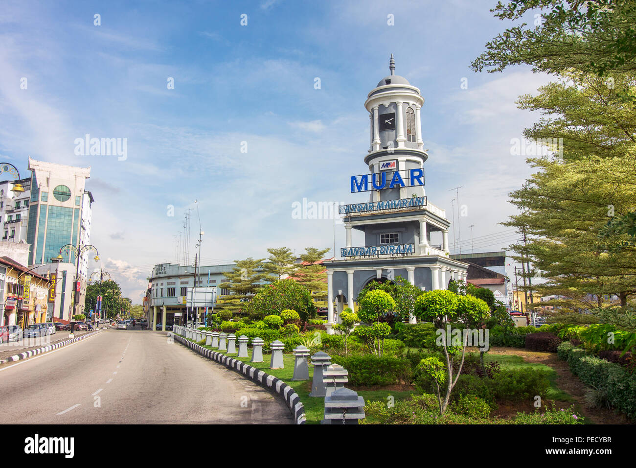 Muar clock tower is one of the famous attractions landmark in the town of Muar, The old English architecture is what makes the clock distinctive and u Stock Photo