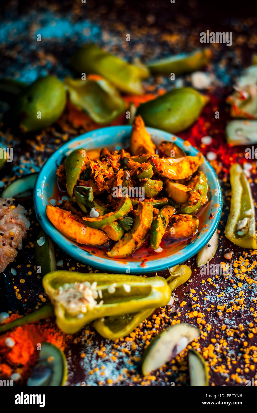 Close up of Aam ka achar or kari ka achar or traditional raw mango