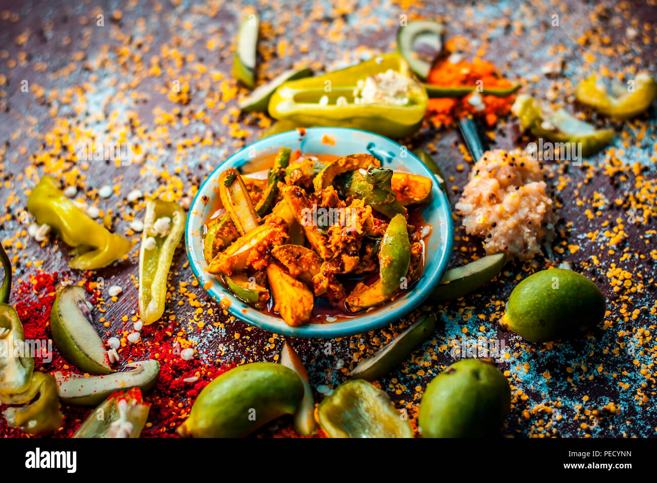 Close up of Aam ka achar or kari ka achar or traditional raw mango
