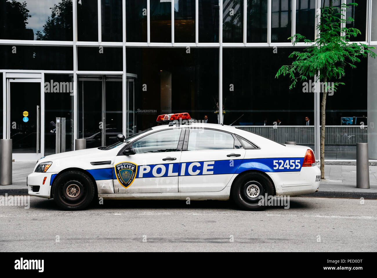 New York City, USA June 20, 2018 Port Authority Police car parked in front of office building