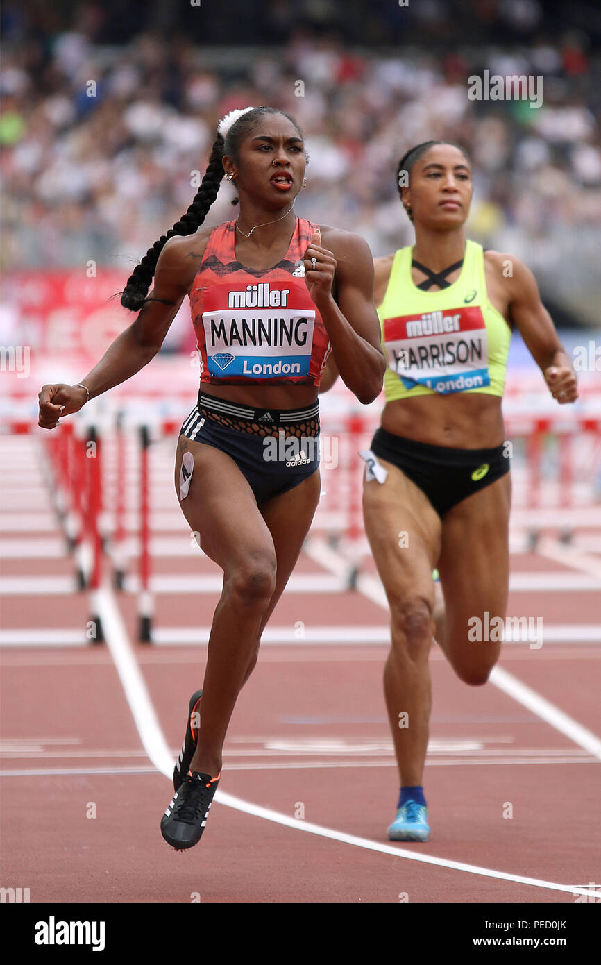 Christina MANNING & Kendra HARRISON of the USA in the womens 100 metres hurdles at the 2018 Muller Anniversary games in London Stock Photo