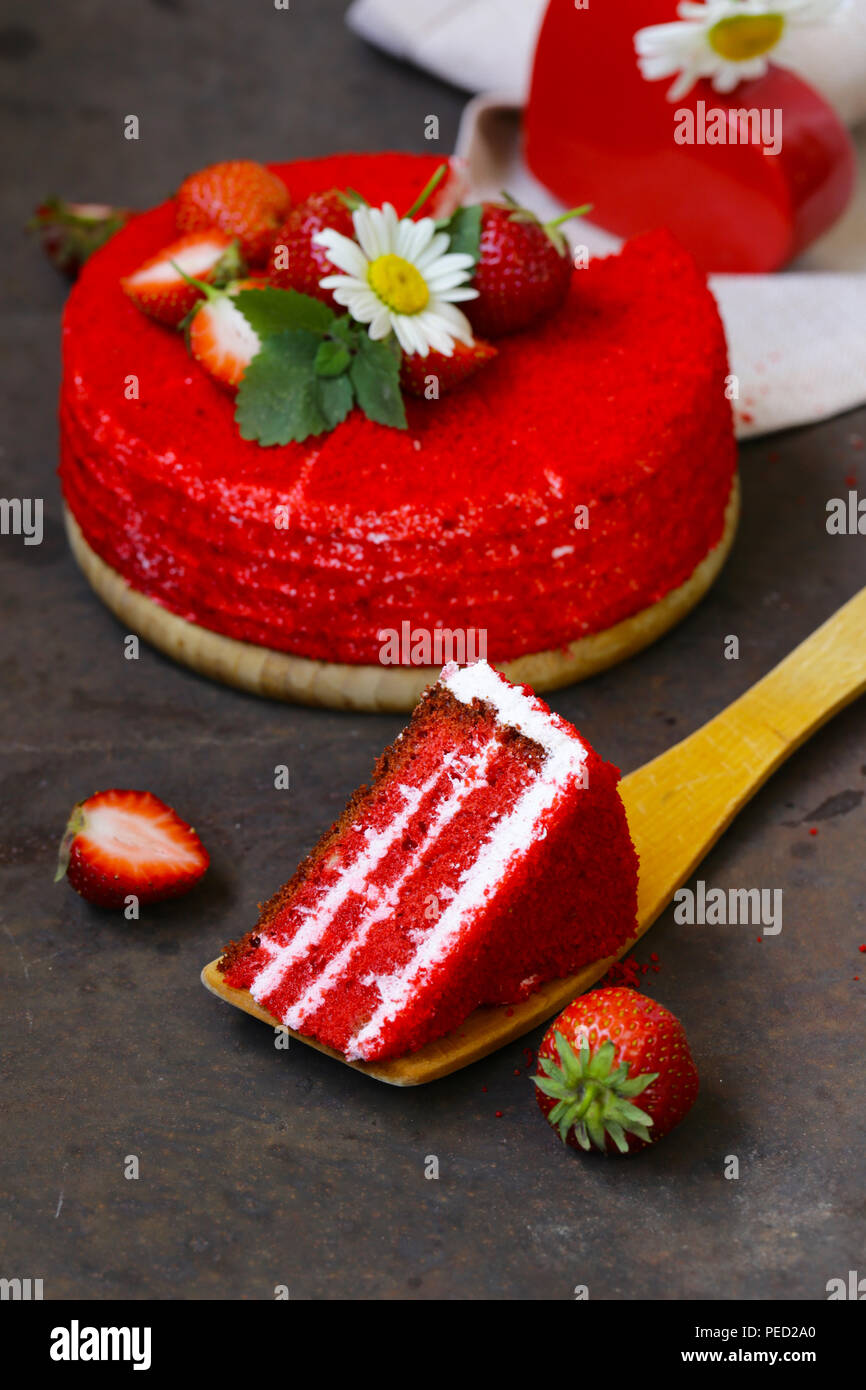 Red Velvet Cake With Cream And Strawberry Stock Photo Alamy